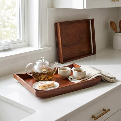 Wooden Serving Tray Set of 2 | Big Size 16x12 & 14x10 Inches | Premium Finish Wood Serving Platters with Handles | Breakfast, Coffee, Food Serving Tray for Home, Kitchen, Restaurant & Décor