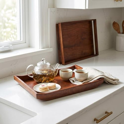 Wooden Serving Tray Set of 2 | Big Size 16x12 & 14x10 Inches | Premium Finish Wood Serving Platters with Handles | Breakfast, Coffee, Food Serving Tray for Home, Kitchen, Restaurant & Décor