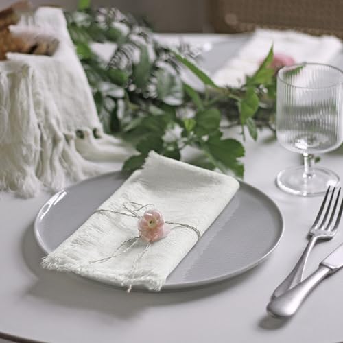 Handmade Cloth Napkins 100% Cotton Napkins with Fringe，Delicate Handmade Cloth Napkins for Dinners, Parties, Weddings and More，18 x 18 Inch Set of 4 - White - color: White