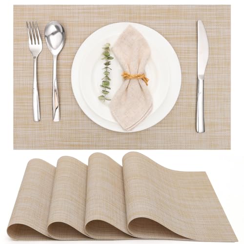 Myir JUN Placemats Set of 4 Kitchen and Dining Table Placemats | Vinyl Placemats Place Mats Indoor/Outdoor Set of 4 Washable Table Mats Non-Slip Place mats for Dining Table, Beige - color: A-beige, size: Set of 4