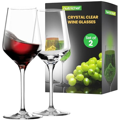 NutriChef 7 oz Crystal Wine Glasses, Set of 2 Elegant Large Red Wine Glasses with Stem for White & Red Wine, Seamless 100% Lead-Free Glassware, Dishwasher Safe Drinkware for Everyday Use - style: Set of 2 7oz