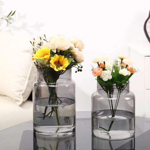 Large Glass Vase, Black Glass Vase Set of 2, Large Flower Vases for Bouquet, Tall Wide Mouth Vases for Flowers, Home, Wedding, Living Room, Office Decor, 7"+9" - color: Black, size: 7 Inch + 9Inch