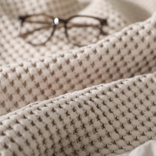 Tegeme Waffle Weave Blanket 43" x 63" 100% Cotton Neutral Boho Farmhouse Woven Knitted Beige Throw with Ruffles Warm Soft Cozy Throw Blanket Decorative Breathable for Couch Bed Sofa