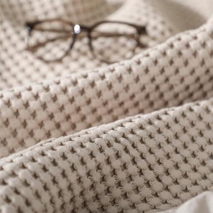 Tegeme Waffle Weave Blanket 43" x 63" 100% Cotton Neutral Boho Farmhouse Woven Knitted Beige Throw with Ruffles Warm Soft Cozy Throw Blanket Decorative Breathable for Couch Bed Sofa