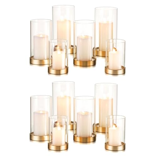 Hewory Hurricane Candle Holder for Pillar Candles: 12Pcs Gold Candle Holder | Hurricane Glass Candle Holders with Metal Plate, Table Centerpiece Wedding Holiday Party Fireplace Mantel Decor, 3 Sizes - color: Gold, size: 12PCS