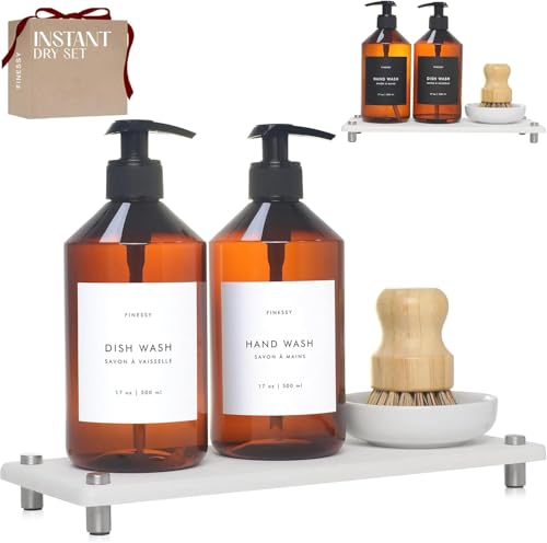FINESSY 500ml Bathroom and Kitchen Soap Dispenser Set with Tray and Brush | BPA Free PET Plastic Amber Soap Dispensers, Not Breakable Glass. Marble-Look Tray, 18 Waterproof Labels, Pumps, Funnel, Brush - color: Luxe Amber