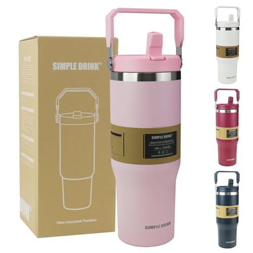 30oz Flip Straw Insulated Tumbler with Handle, Leak Proof Stainless Steel Water Bottle, Double Wall Vacuum Travel Coffee Mug for Cold Drinks, Gym Office Travel Essentials - color: Pink