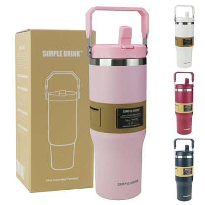 30oz Flip Straw Insulated Tumbler with Handle, Leak Proof Stainless Steel Water Bottle, Double Wall Vacuum Travel Coffee Mug for Cold Drinks, Gym Office Travel Essentials - color: Pink