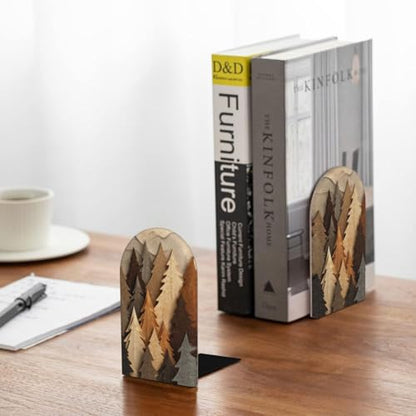 Simple Pine Trees and Mountain Shapes Bookends for Shelves 2 Pcs Wooden Book Stopper Organizer for Home Office Libraries