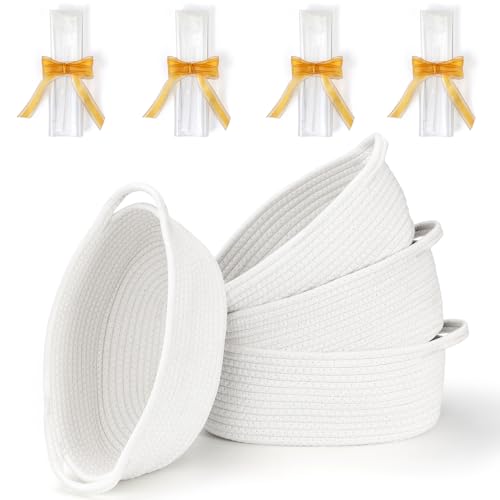 4 Pack Small Woven Basket with Handles, All 12"x 8"x 5", Cotton Rope Room Shelf Storage Basket, Cat Toys, Cute Baby Gift Basket with Gift Bags and Ribbons for Nursery, Empty Decorative Gift Chest Box - color: 4 Pack White