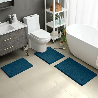 HOMEIDEAS 3 Pieces Bathroom Rugs, Extra Large Ultra Soft Non Slip Absorbent Chenille Toilet Bath Mat Set (Atlantic Blue) - color: Blue-atlantic Blue, size: 17"x24"+20"x32"+U Shape 20"x24"