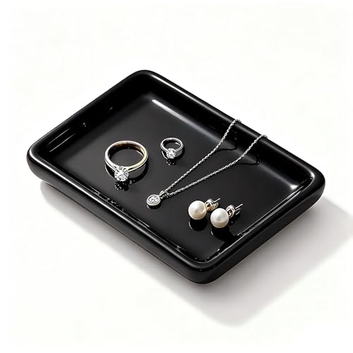 Square Minimalist Ceramic Ring Dish, White Jewelry Tray for Women, Modern Vanity Decor & Organizer, Ideal Engagement Wedding Birthday for Friend Sister - color: Black, size: 1 Pack