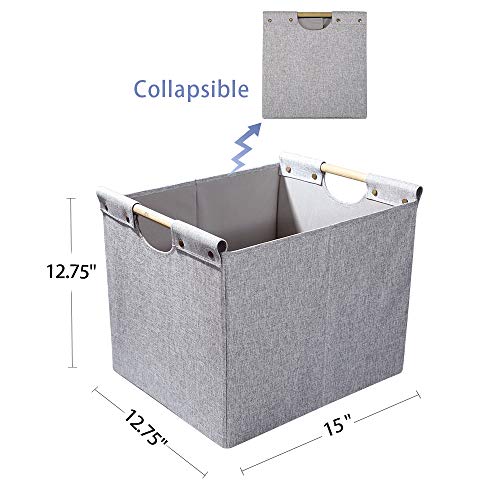 HOONEX Large Foldable Storage Bins, Linen Fabric, 2 Pack, with Wooden Carry Handles and Sturdy Heavy Cardboard, for Home, Office, Car, Nursery, Light Grey - color: Light Grey