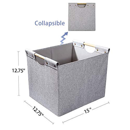 HOONEX Large Foldable Storage Bins, Linen Fabric, 2 Pack, with Wooden Carry Handles and Sturdy Heavy Cardboard, for Home, Office, Car, Nursery, Light Grey - color: Light Grey