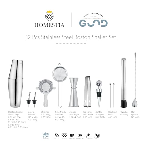 Homestia Cocktail Shaker Set Bartender Kit : 12-Pieces Bar Tool Set Barware | Stainless Steel Bar Set Accessories, 18 oz/28oz Weighted Boston Shaker Tins, Martini Shaker Mixing Tools for Home Bartending - color: Silver