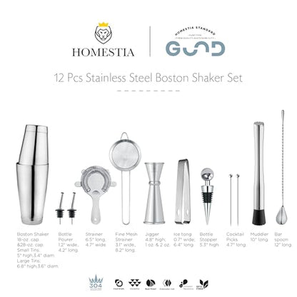 Homestia Cocktail Shaker Set Bartender Kit : 12-Pieces Bar Tool Set Barware | Stainless Steel Bar Set Accessories, 18 oz/28oz Weighted Boston Shaker Tins, Martini Shaker Mixing Tools for Home Bartending - color: Silver
