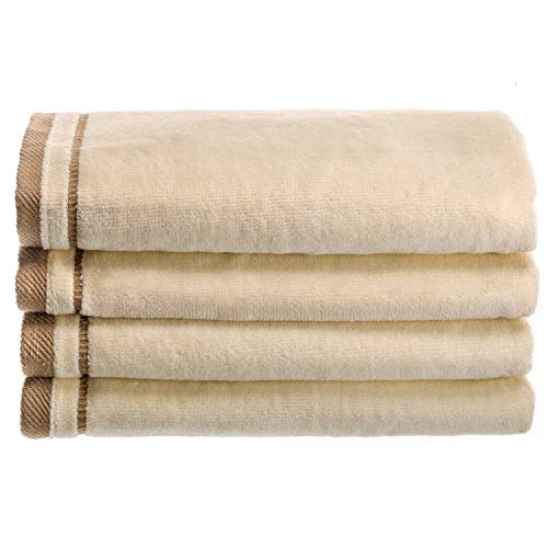 Creative Scents 100% Cotton Velour Fingertip Towels - 4 Pack 11 by 18 Inch – Decorative, Extra Absorbent and Soft Face Towel, Ideal for Bathroom and Powder Room (Cream with Embroidered Brown Trim) - color: Cream