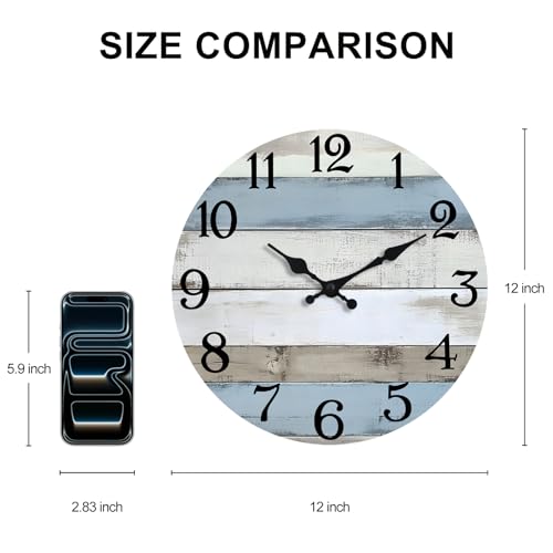 JoFomp 12 Inch Wall Clocks Battery Operated, Silent Wall Clock Non Ticking, Coastal Country Design Rustic Wall Clocks for Living Room Decor, Wooden Wall Clock for Bedroom Kitchen Bathroom - size: 12 Inch