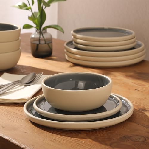 Gibson Elite - Made in Portugal - Port Gaia 12 Piece (Service for 4) Plates and Bowls Reactive Glaze Dishes Stoneware Ceramic Dinnerware Set - Blue - color: Blue (12pc Dinnerware Set)