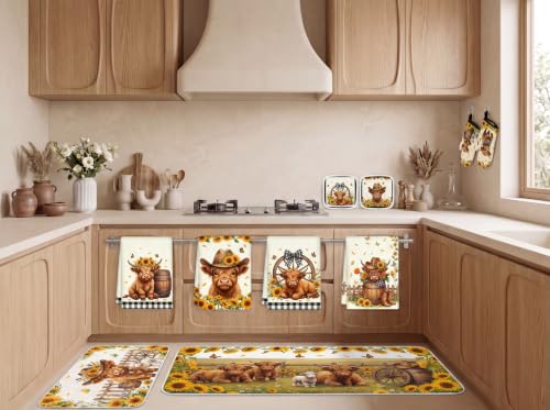 10PCS Highland Cow Kitchen Decor Set, Sunflower Towels Pot Holders Oven Mitts Mats for Home Baking Gifts