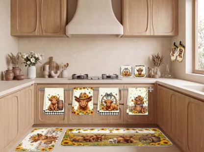 10PCS Highland Cow Kitchen Decor Set, Sunflower Towels Pot Holders Oven Mitts Mats for Home Baking Gifts