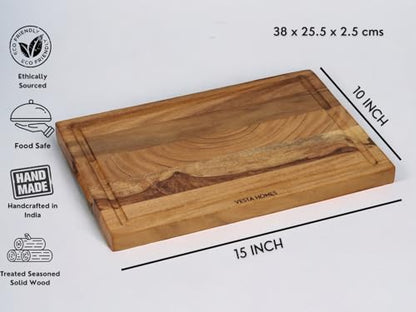 Vesta Homes Wooden Edge Grain Cutting Board/Chopping, Serving Board/Block for Vegetables, Fruits, Cheese and Charcuterie | Natural Acacia Wood | 15 * 10 * 1 Inches | Handcrafted in India - size: 15"L x 10"W