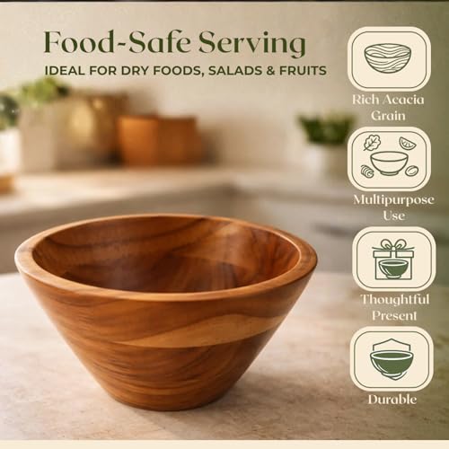 Aurah Salad Bowl, 2.3 Qt Acacia Wood Mixing & Serving Bowl, Small Size | Kitchen & Outdoor Dining Wooden Bowls for Salad, Pasta and Fruits, 8" Diameter x 4.2" Height - size: Small