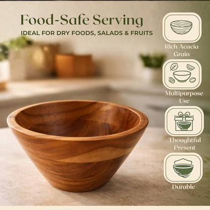 Aurah Salad Bowl, 2.3 Qt Acacia Wood Mixing & Serving Bowl, Small Size | Kitchen & Outdoor Dining Wooden Bowls for Salad, Pasta and Fruits, 8" Diameter x 4.2" Height - size: Small
