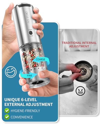 CIRCLE JOY Rechargeable Salt and Pepper Grinder Set Stainless Steel Electric Pepper Grinders with Variable Grinding Speed, External Adjustable Coarseness, Charging Base and White LED Light, Silver - color: 2-Speed Rechargeable Set with Charging Base