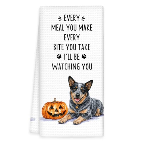 Blue Heeler Gifts Fall Dog Kitchen Towels, Autumn Dog Hand Towels | Halloween Blue Heeler Fall Dish Tea Towel for Kitchen Decorative, Autumn Pumpkin Dogs Bathroom Kitchens Decor, 16x24In - color: Blue Heeler