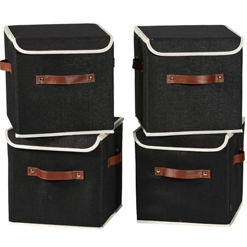 4PCS Storage Cubes with Lids Cotton Linen Fabric Bins Boxes | Decorative Foldable Washable Closet Shelf Organizer Clothes Container with PU Leather Handles, Flip-top Lid, Black, 11in - color: Black ( Flip-top Lid ), size: Set of 4 ( 11 in )