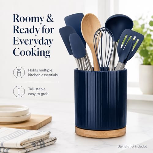 360° Rotating Cooking Utensil Holder, Kitchen Utensil Holder for Countertop | Utensil Crock for Kitchen Counter with Rotatable Wooden Base,Ideal Housewarming Gift & Mothers Day Gift-Blue - color: Blue