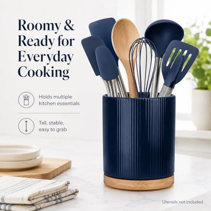 360° Rotating Cooking Utensil Holder, Kitchen Utensil Holder for Countertop | Utensil Crock for Kitchen Counter with Rotatable Wooden Base,Ideal Housewarming Gift & Mothers Day Gift-Blue - color: Blue