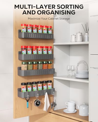 Nieifi Spice Rack Wall Mount, 4 Pack Grey, 2" Depth, Screw/Adhesive | Wall-Mounted with Removable Hooks Saves Counter Space, Fits 2" Deep Jars, Ideal for Kitchen Cabinets, Pantry Doors, and RVs - color: Grey