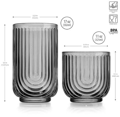 Glaver's 8 Piece Smoke Glassware Set, Art Deco Black Drinking Glasses, Ribbed U-Shape Design, 4 Highball 17oz and 4 Whiskey 11oz DOF Arch Drinkware - style: Smoke S/8 17oz 11oz