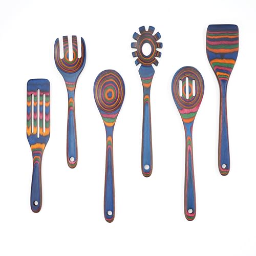 6-Piece Pakkawood Kitchen Utensils | Heat Resistant Wood Kitchen Utensils | Pakkawood Kitchen Cooking Utensil Set | Wooden Spoons for Cooking | Non-Sitck Cooking Spoons | Sapphire - color: Sapphire-6PCS