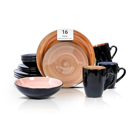 HomeVss, Sonoma 16pc Stoneware Dinnerware Set, Outside Black + Inside Hand Painting Combi Colors of Cobalt, Mocha, Rose and Spice with Speckle - color: Combi Cobalt, Mocha, Rose and Spice