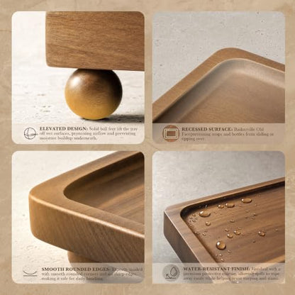 Acacia Wood Rustic Bathroom Tray for Kitchen Counter, Sink, Vanity, Brown | Acacia Wood, Raised ball feet, Rounded edge, Water-resistant finish, Wooden soap dish tray, Bathroom & kitchen organizer - color: Acacia Wood
