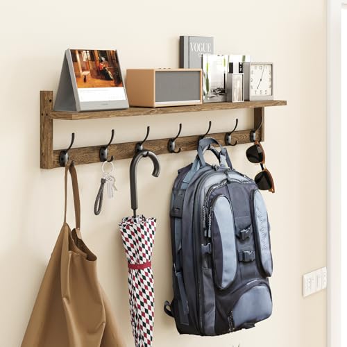 BAMEOS 35" L Wooden Coat Rack Wall Mount, Large Wall Coat Hooks with Shelf, Wall Hanging Shelf with 7 Dual Metal Hooks for Entryway, Bathroom, Kitchen, Living Room, Bedroom - style: Brown-35IN with shelf
