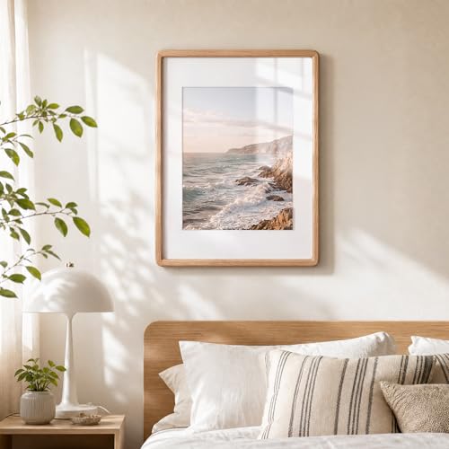 Acovy 9x12in Picture Frame, Natural Solid Oak | Handcrafted Wooden Photo Frame, Dual Use for Wall Mount, Matted to Fit 6"x8" Photos, HD Tempered Glass - color: Oak, size: 9x12in