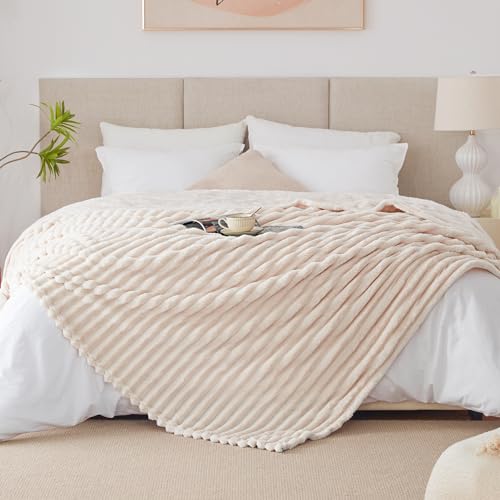 EXQ Home King Size Blanket for Bed or Couch - 3D Stripe Jacquard Decorative Fleece Blankets - Cozy Soft Lightweight Fuzzy Flannel Blanket Suitable for All Seasons(90"×108",Beige) - color: Beige, size: King
