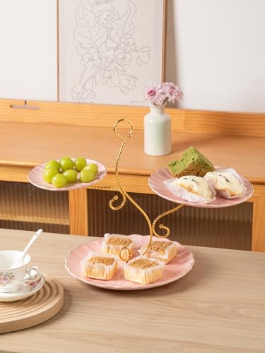 Sweejar 3 Tier Ceramic Cake Stand Wedding, Dessert Cupcake Stand for Tea Party Serving Platter (Milk Pink) - color: Milk Pink