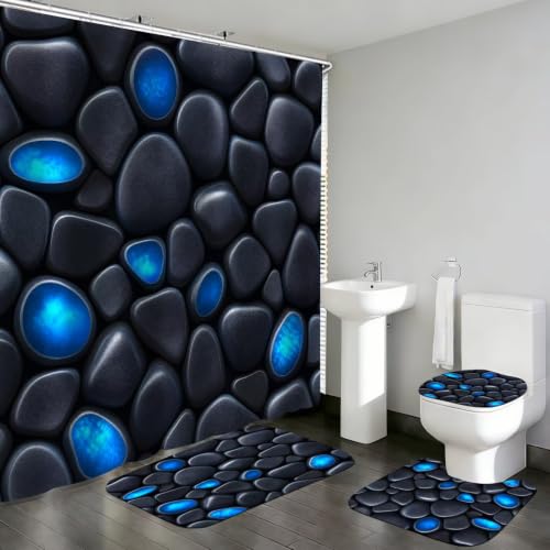 DDQQ 4Pcs Stone Shower Curtain Set with Toilet Lid Cover and Non-Slip Rugs for Bathroom, Blue Glow Stone Bathroom Decor Set Shower Curtain with 12 Hooks - color: Black