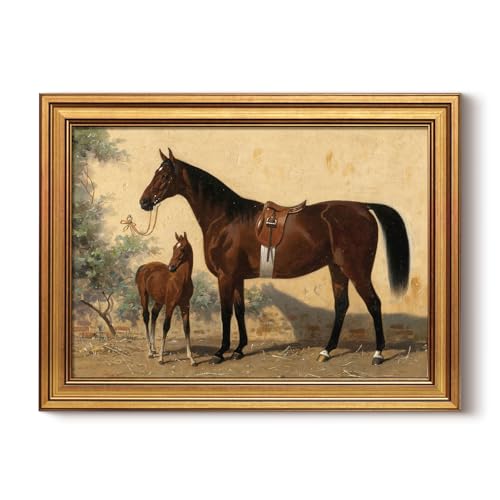 InSimSea 12×16 Gold Framed Canvas Horse Wall Art, Tall Mom Mare and Her Tiny Foal Huddle Together, Rustic Farmhouse Decor for Living Room, Bedroom, Nursery, Bathroom, Gift for Mom - color: Horse, size: 16"L x 12"W