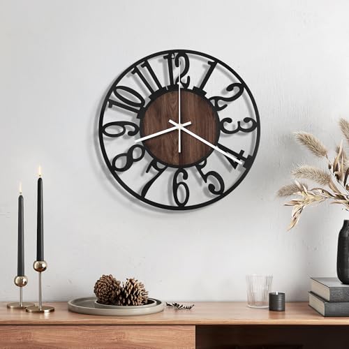 Maxstar 10" Silent Wall Clock – Battery Operated, Rustic Metal & Wood | Non-Ticking Quartz Movement,Round Small Clocks for Living Room, Bedroom, Office, Kitchen or Farmhouse Decor (Brown-Wood) - color: Brown, size: 10 Inch