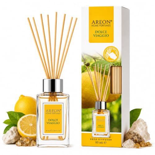 Areon Dolche Viaggio Home Luxury Perfume Reed Diffuser,10 Rattan Reeds,85ml | Luxury Reed Diffuser Suitable for Bedrooms, Living Rooms, Bathrooms, Offices, Entryways, and Other Indoor Spaces. - color: Dolche Viaggio, size: 85ml