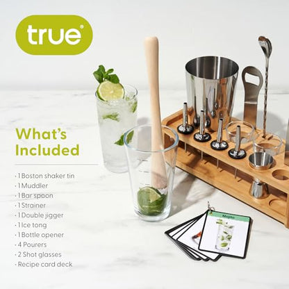 True 14-Piece Barware Set with Wood Stand for Mixing Cocktails and Drinks, Perfect Home Bar Accessories, Mixology Bartender Kit, Bartending Supplies - size: 14-Piece