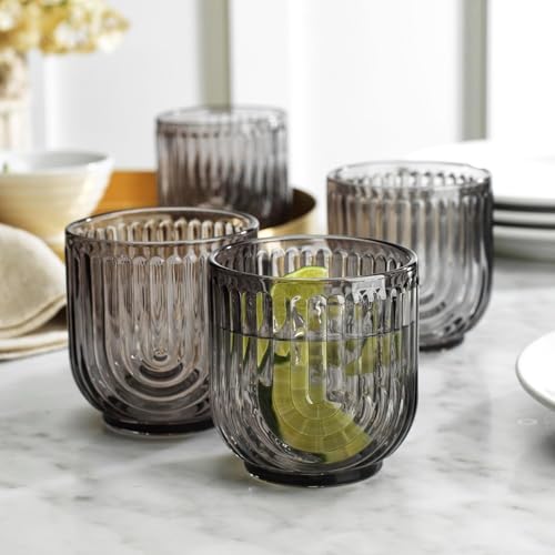16 Piece Smoke Glassware Set, Beautiful Art Deco Black Drinking Glasses, Ribbed U-Shape Design, 8 Highball 17oz and 8 Whiskey 11oz DOF Handwash Only - style: Smoke S/16 17oz 11oz