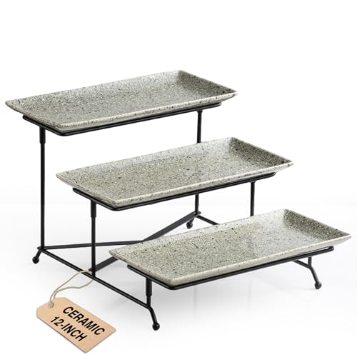 LAUCHUH 3 Tier Serving Tray, Porcelain Serving Platters and Trays for Party | 12 inch Tiered Tray Stand Dessert Party Display Set with Collapsible Sturdier Rack for Halloween Serving Food, Speckled Gray - color: Speckled Gray, size: 12 Inch