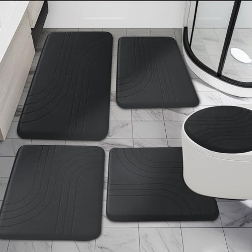 Bathroom Rug Set 5 Pieces, Soft Non Slip Memory Foam Bath Mat, Extra Thick Bath Mats for Bathroom, Machine Washable Bath Rugs Set for Tub, Toilet and Floor (Black) - color: Black-2, size: 5 pieces